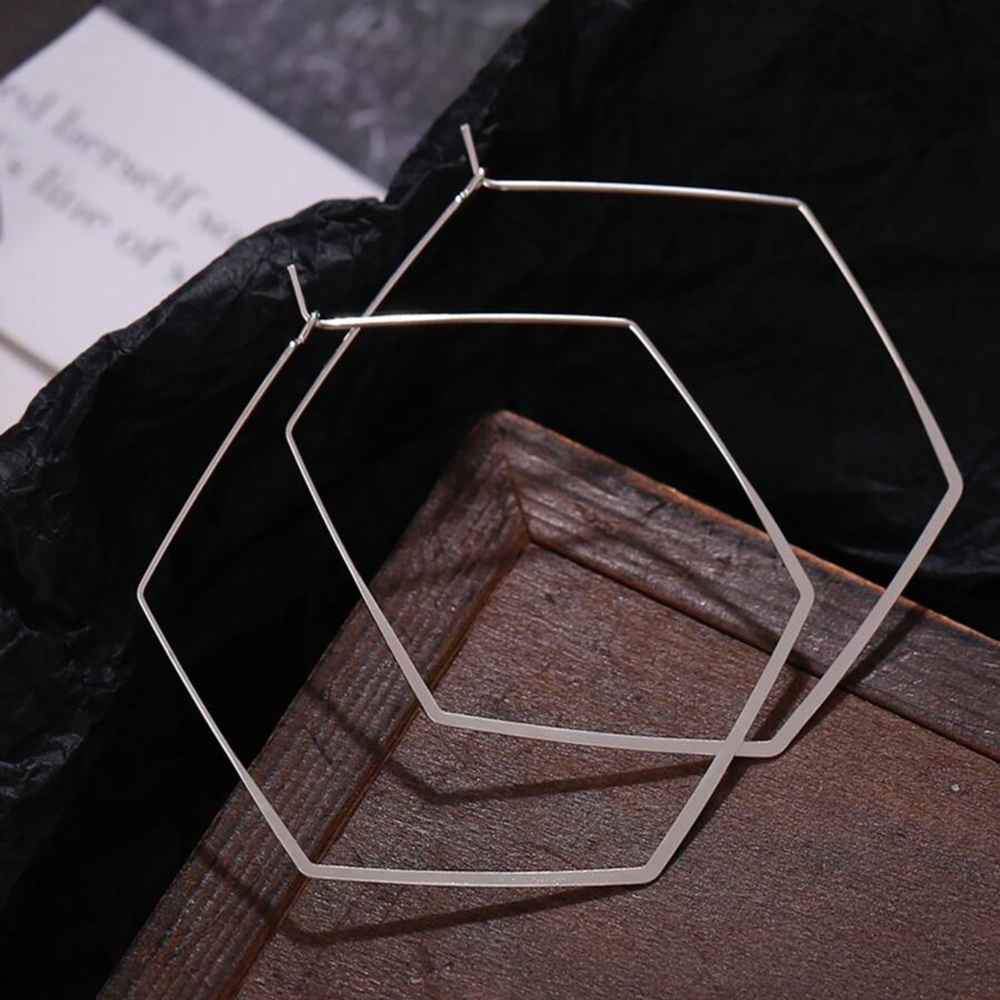 Silver Flat Wire Hexagon Earrings - Picture 3 of 8